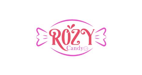 A pink and magenta logo for 'Rozzy Candy CR' featuring stylized lettering inside a candy wrapper design on a solid white background.